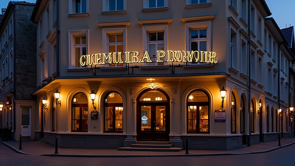 Fasáda tradičního kulturního domu v Ostravě s architektonikou z 20. století, osvětlení večerní, název viditelný